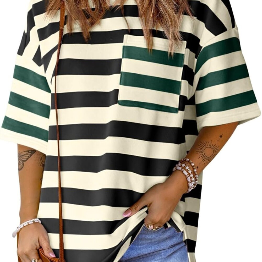 Womens Oversized Color Block Striped Tshirts Summ… - image 1